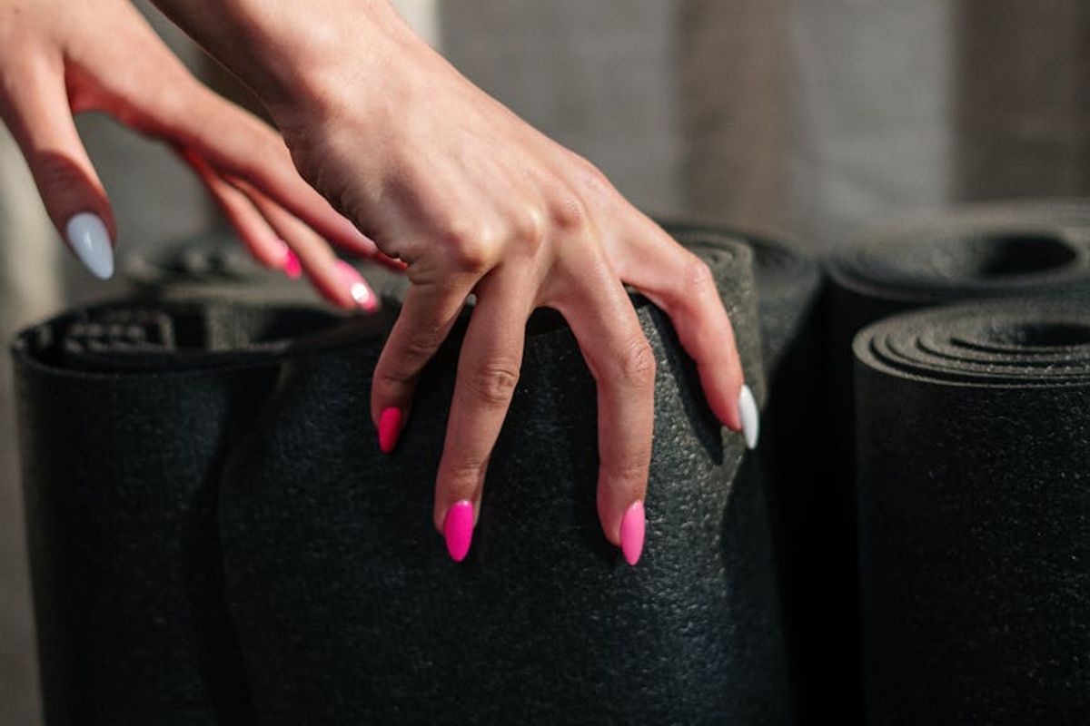 Close up of a textured yoga mat in studio.